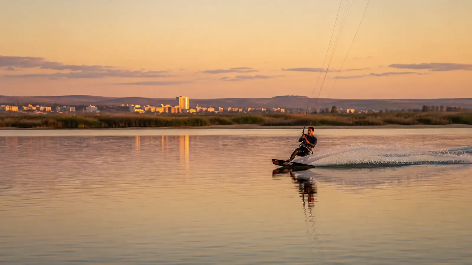 Kitesurfing pe apa plată a Lacului Siutghiol la apus, cu orașul în fundal
